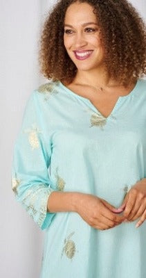 Santorini Short Kaftan - Gold Turtle Print Aqua