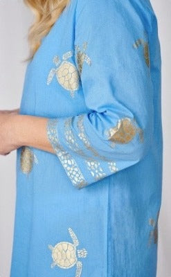 Santorini Short Kaftan - Gold Turtle Print Blue