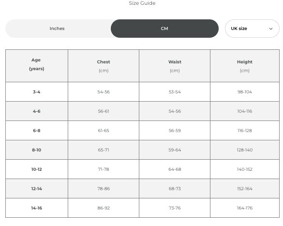 Kids Costume Size Guide
