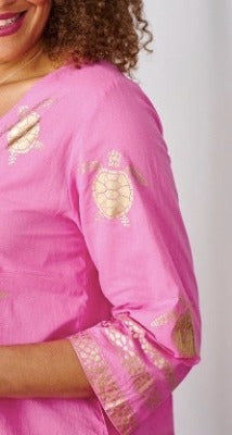 Santorini Long Kaftan - Gold Turtle Print Pink